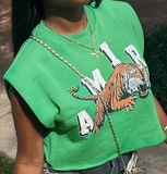 Green Graphic Short Sleeve Crop Top Tee